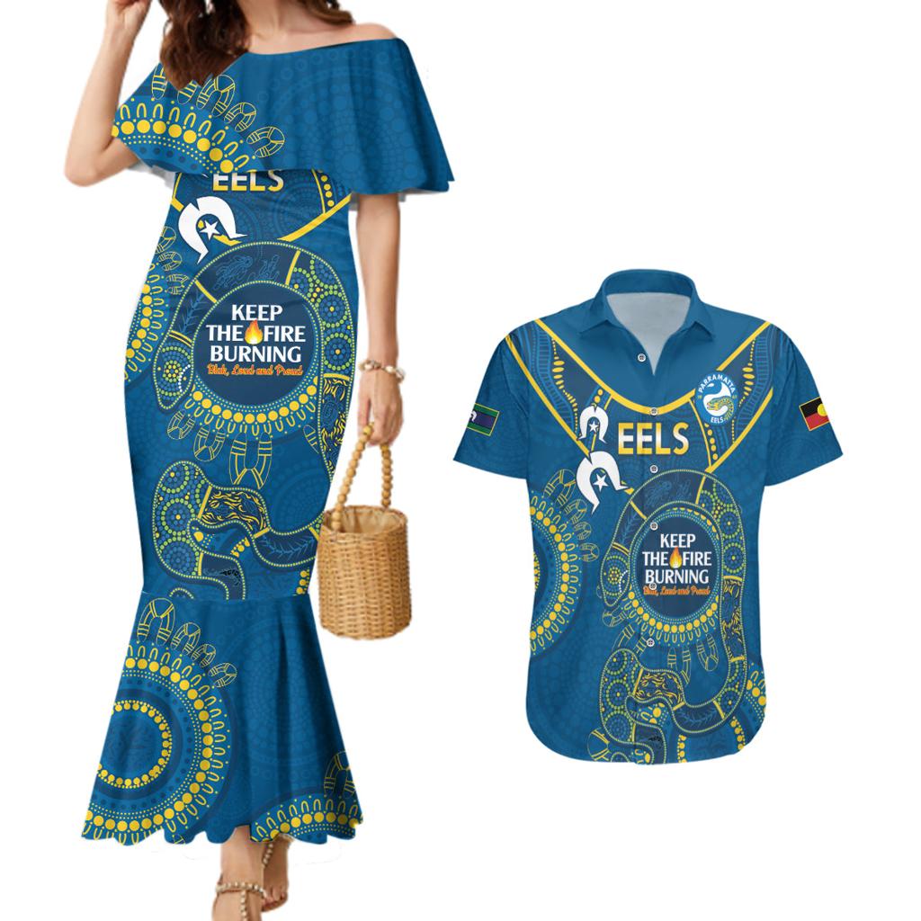 Custom NRL Eels NAIDOC Week Couples Matching Mermaid Dress and Hawaiian Shirt Keep The Fire Burning Indigenous Art