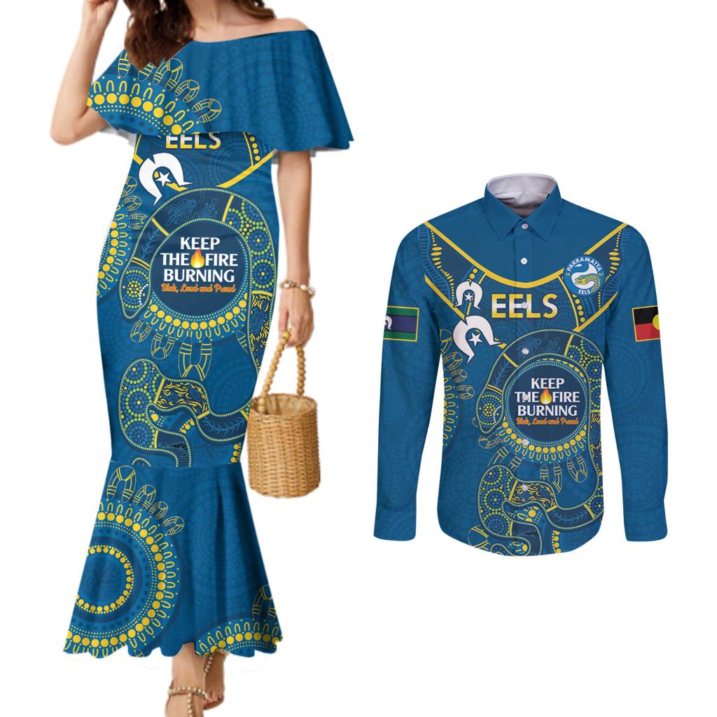 Custom NRL Eels NAIDOC Week Couples Matching Mermaid Dress and Long Sleeve Button Shirt Keep The Fire Burning Indigenous Art