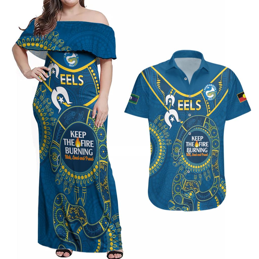Custom NRL Eels NAIDOC Week Couples Matching Off Shoulder Maxi Dress and Hawaiian Shirt Keep The Fire Burning Indigenous Art