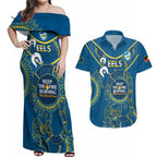 Custom NRL Eels NAIDOC Week Couples Matching Off Shoulder Maxi Dress and Hawaiian Shirt Keep The Fire Burning Indigenous Art