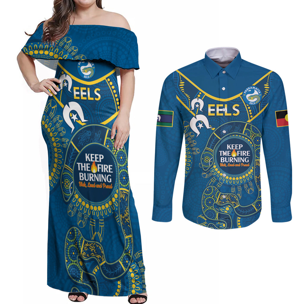 Custom NRL Eels NAIDOC Week Couples Matching Off Shoulder Maxi Dress and Long Sleeve Button Shirt Keep The Fire Burning Indigenous Art