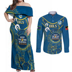 Custom NRL Eels NAIDOC Week Couples Matching Off Shoulder Maxi Dress and Long Sleeve Button Shirt Keep The Fire Burning Indigenous Art