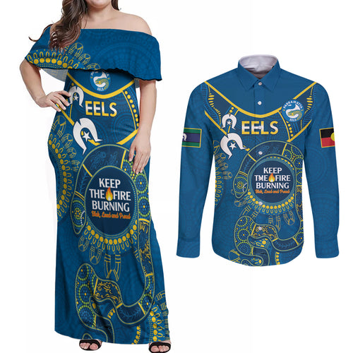 Custom NRL Eels NAIDOC Week Couples Matching Off Shoulder Maxi Dress and Long Sleeve Button Shirt Keep The Fire Burning Indigenous Art