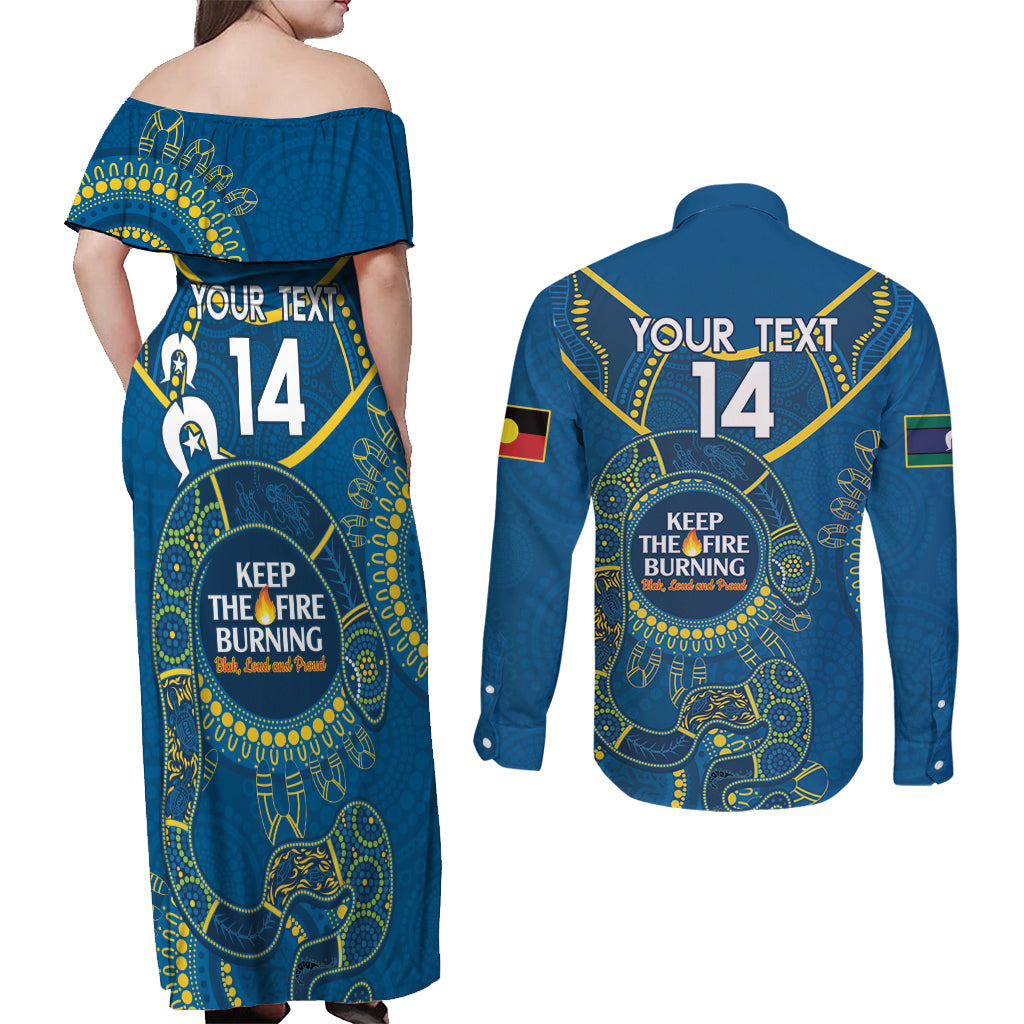 Custom NRL Eels NAIDOC Week Couples Matching Off Shoulder Maxi Dress and Long Sleeve Button Shirt Keep The Fire Burning Indigenous Art