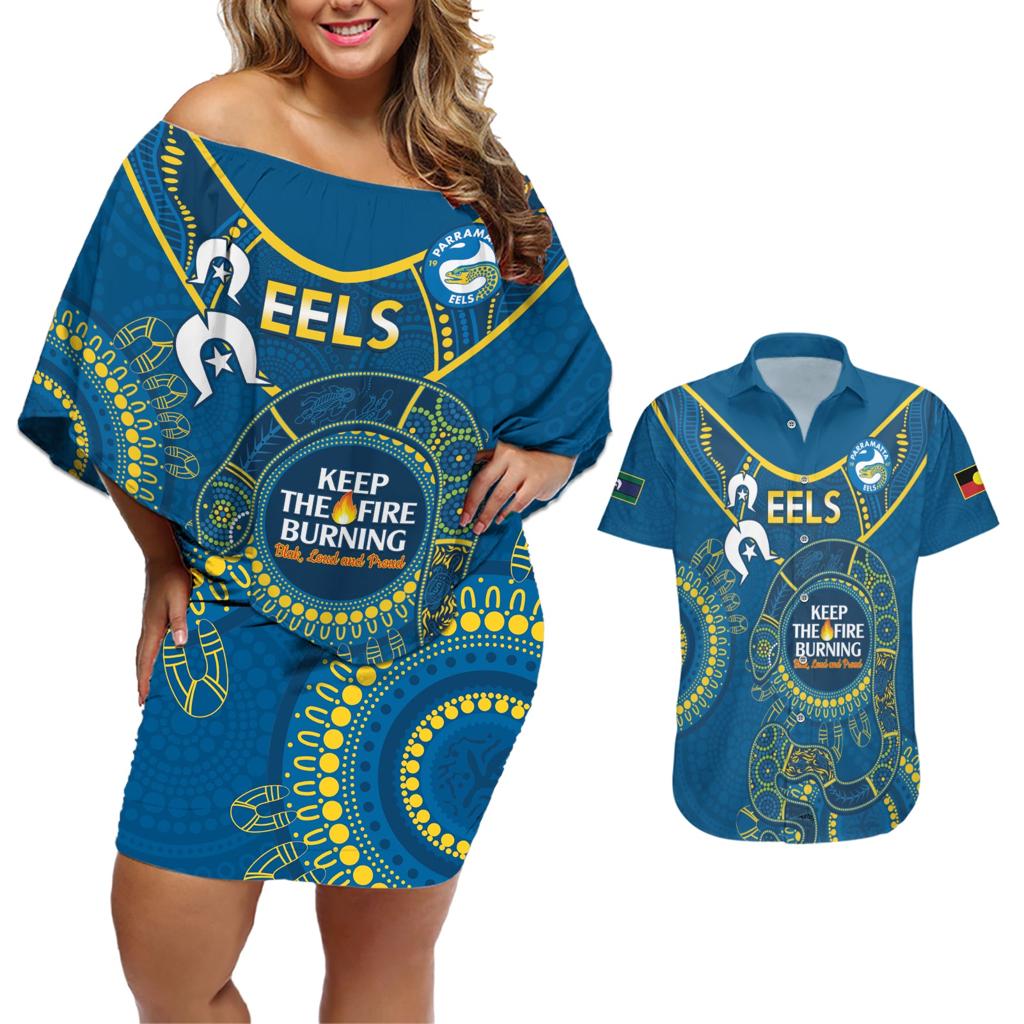 Custom NRL Eels NAIDOC Week Couples Matching Off Shoulder Short Dress and Hawaiian Shirt Keep The Fire Burning Indigenous Art