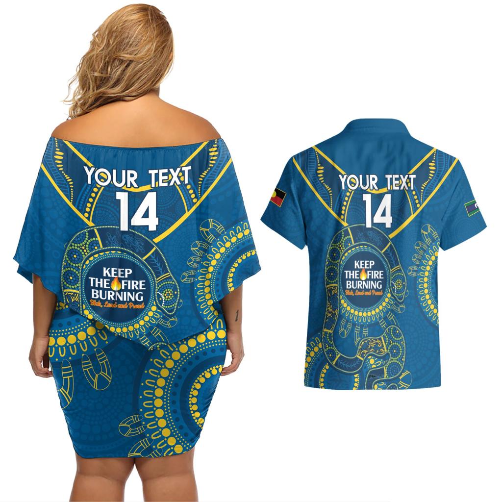 Custom NRL Eels NAIDOC Week Couples Matching Off Shoulder Short Dress and Hawaiian Shirt Keep The Fire Burning Indigenous Art