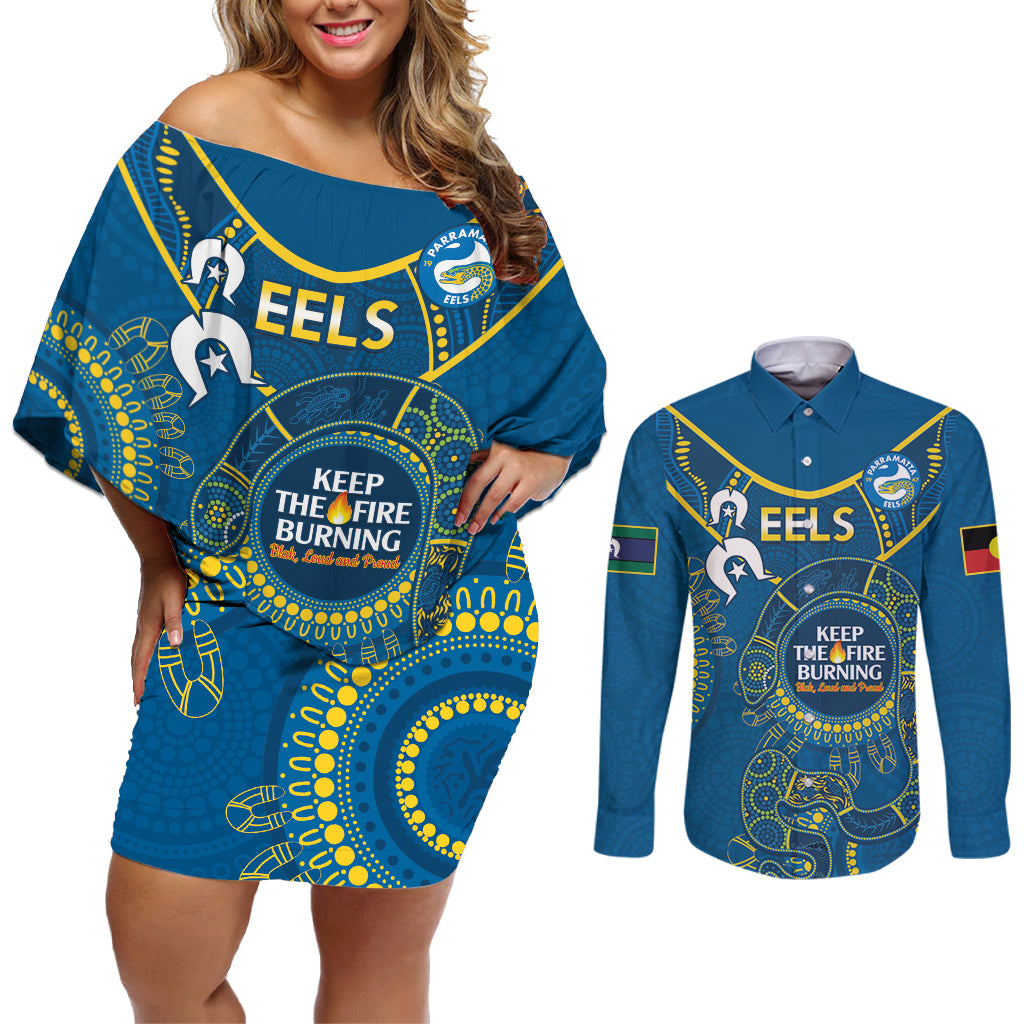 Custom NRL Eels NAIDOC Week Couples Matching Off Shoulder Short Dress and Long Sleeve Button Shirt Keep The Fire Burning Indigenous Art