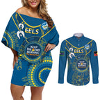 Custom NRL Eels NAIDOC Week Couples Matching Off Shoulder Short Dress and Long Sleeve Button Shirt Keep The Fire Burning Indigenous Art
