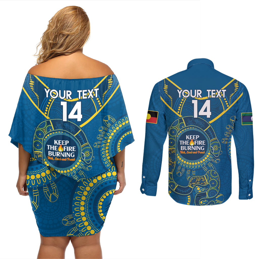 Custom NRL Eels NAIDOC Week Couples Matching Off Shoulder Short Dress and Long Sleeve Button Shirt Keep The Fire Burning Indigenous Art