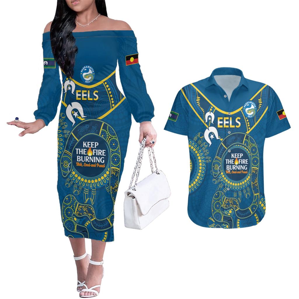 Custom NRL Eels NAIDOC Week Couples Matching Off The Shoulder Long Sleeve Dress and Hawaiian Shirt Keep The Fire Burning Indigenous Art