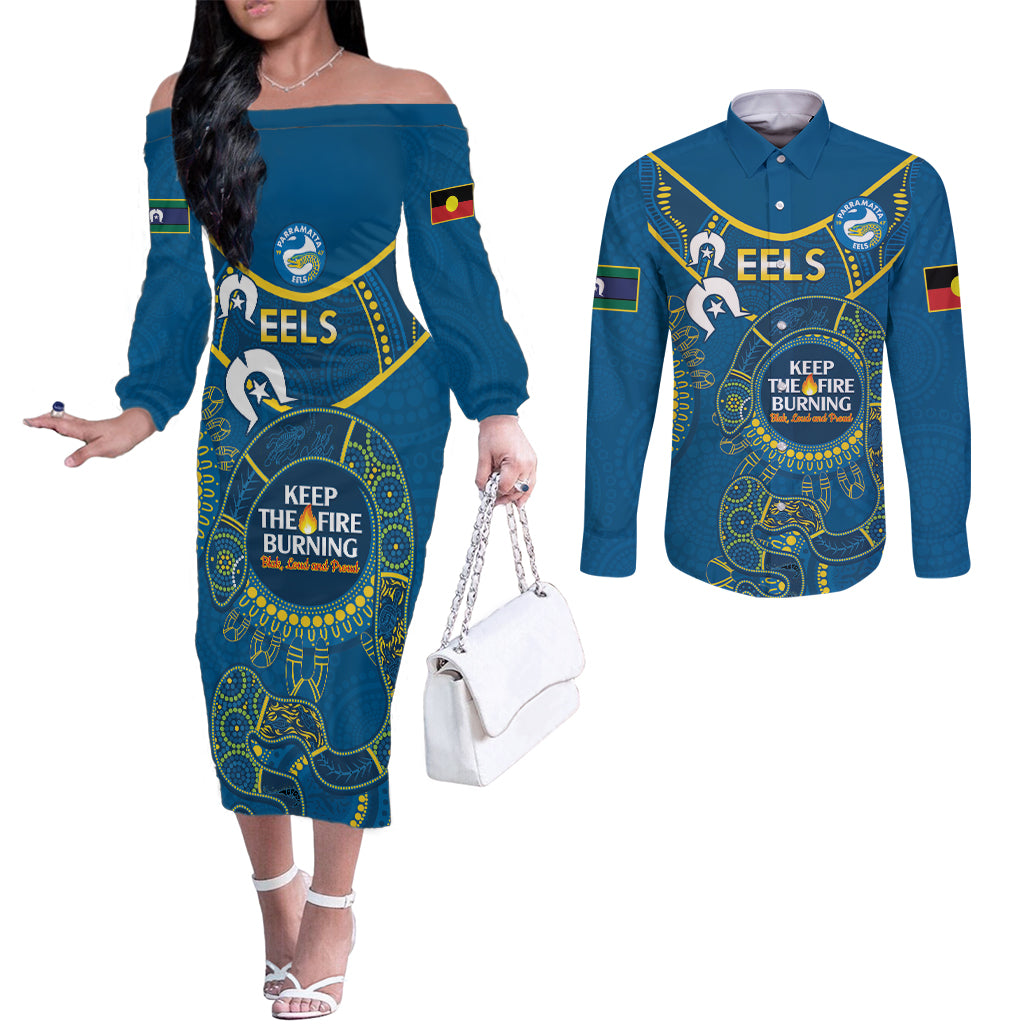 Custom NRL Eels NAIDOC Week Couples Matching Off The Shoulder Long Sleeve Dress and Long Sleeve Button Shirt Keep The Fire Burning Indigenous Art