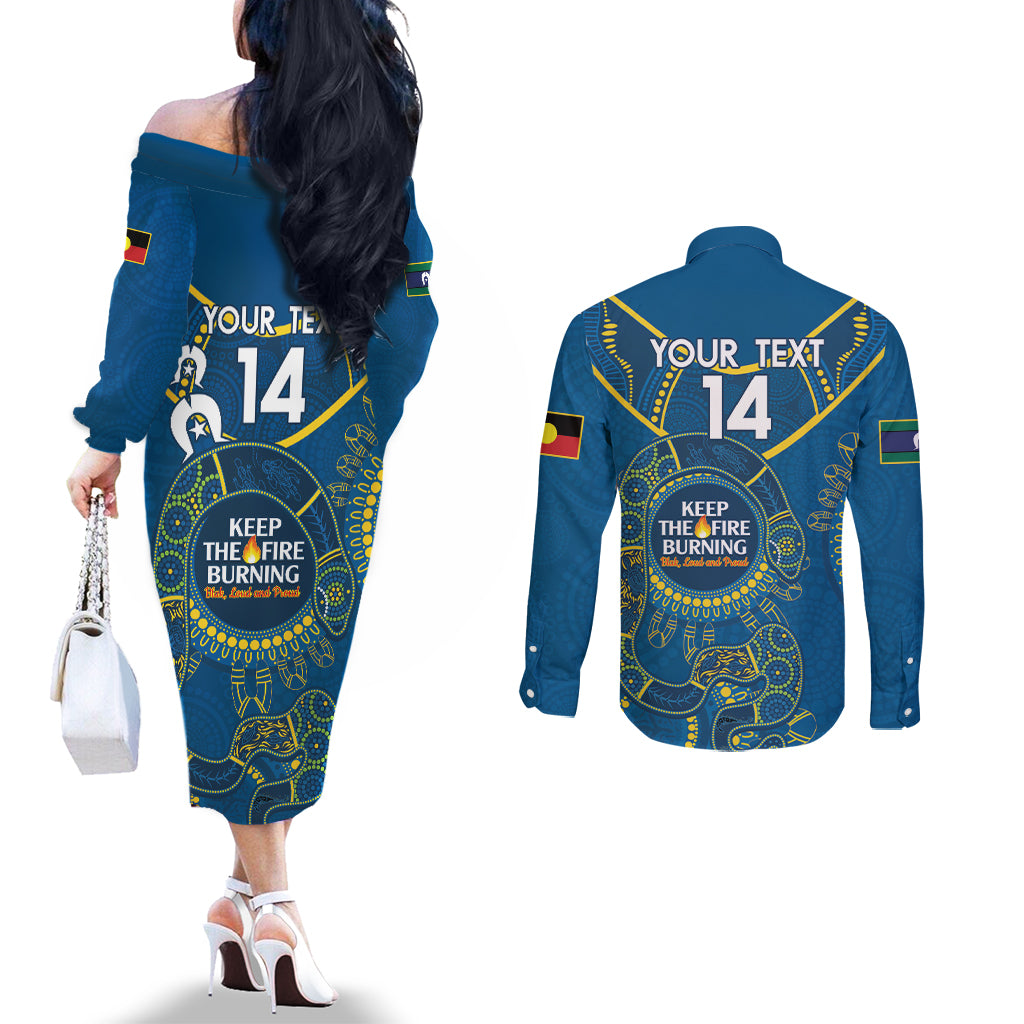 Custom NRL Eels NAIDOC Week Couples Matching Off The Shoulder Long Sleeve Dress and Long Sleeve Button Shirt Keep The Fire Burning Indigenous Art