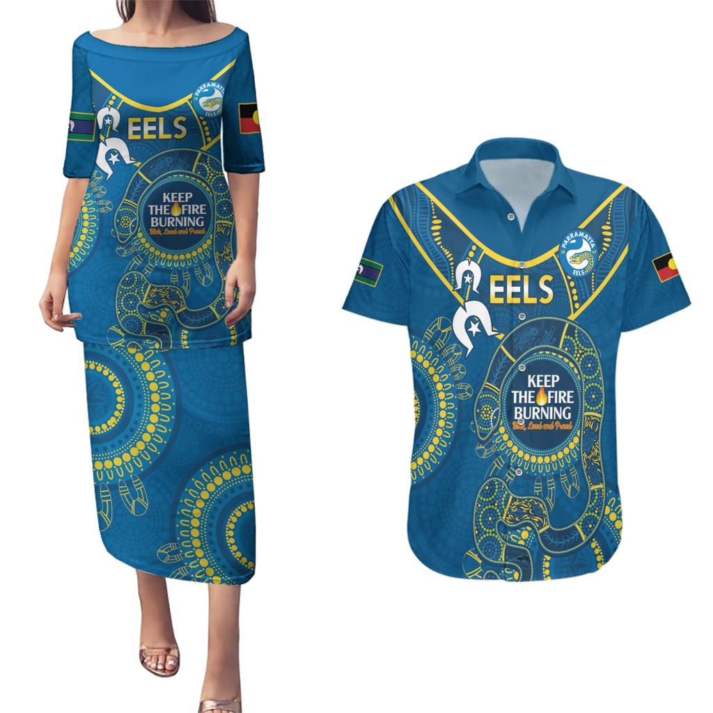 Custom NRL Eels NAIDOC Week Couples Matching Puletasi and Hawaiian Shirt Keep The Fire Burning Indigenous Art