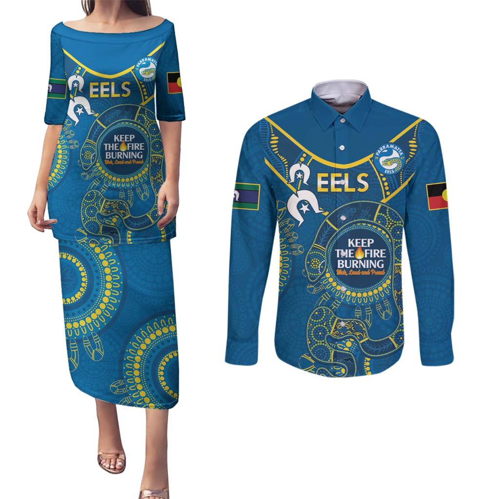 Custom NRL Eels NAIDOC Week Couples Matching Puletasi and Long Sleeve Button Shirt Keep The Fire Burning Indigenous Art