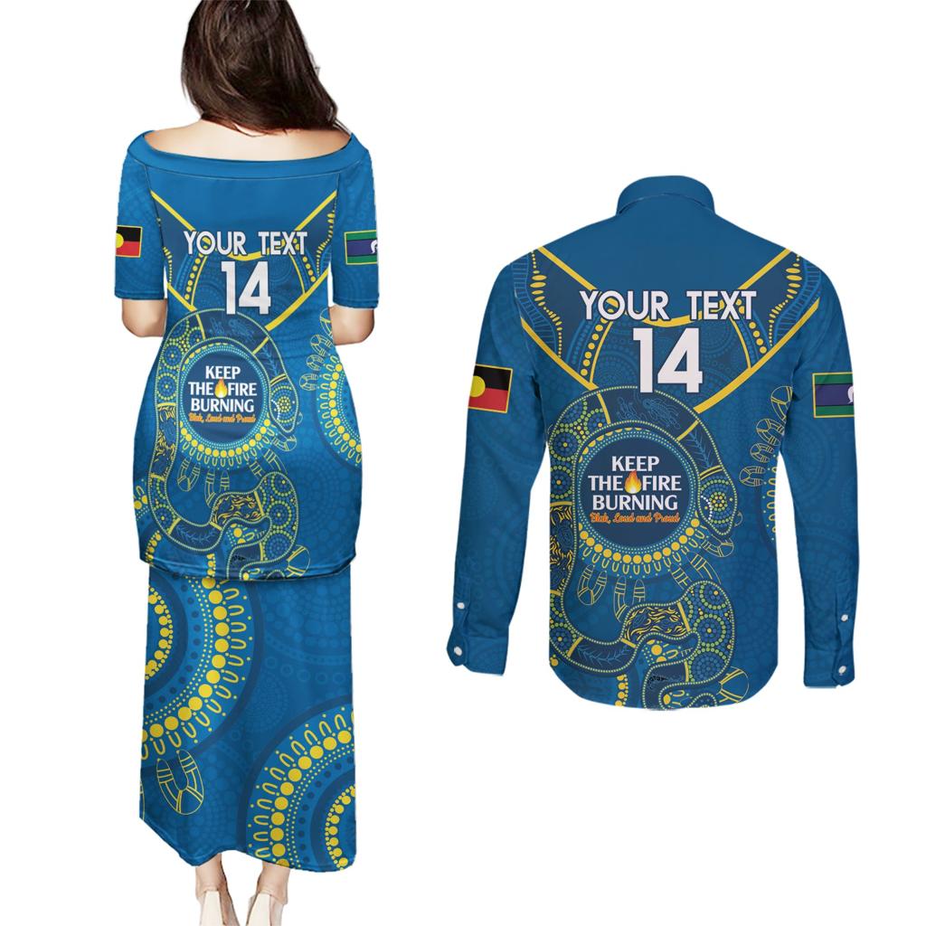 Custom NRL Eels NAIDOC Week Couples Matching Puletasi and Long Sleeve Button Shirt Keep The Fire Burning Indigenous Art