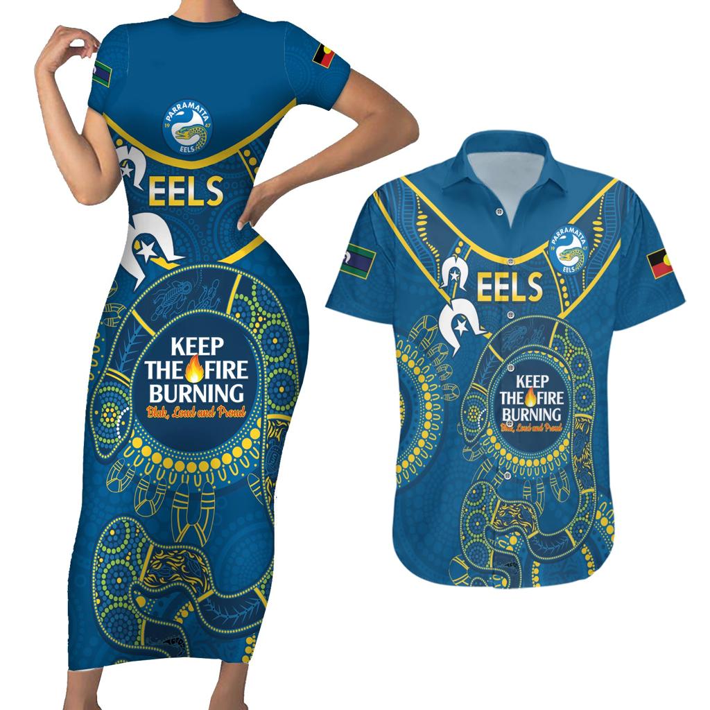 Custom NRL Eels NAIDOC Week Couples Matching Short Sleeve Bodycon Dress and Hawaiian Shirt Keep The Fire Burning Indigenous Art
