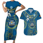 Custom NRL Eels NAIDOC Week Couples Matching Short Sleeve Bodycon Dress and Hawaiian Shirt Keep The Fire Burning Indigenous Art