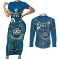 Custom NRL Eels NAIDOC Week Couples Matching Short Sleeve Bodycon Dress and Long Sleeve Button Shirt Keep The Fire Burning Indigenous Art