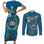 Custom NRL Eels NAIDOC Week Couples Matching Short Sleeve Bodycon Dress and Long Sleeve Button Shirt Keep The Fire Burning Indigenous Art