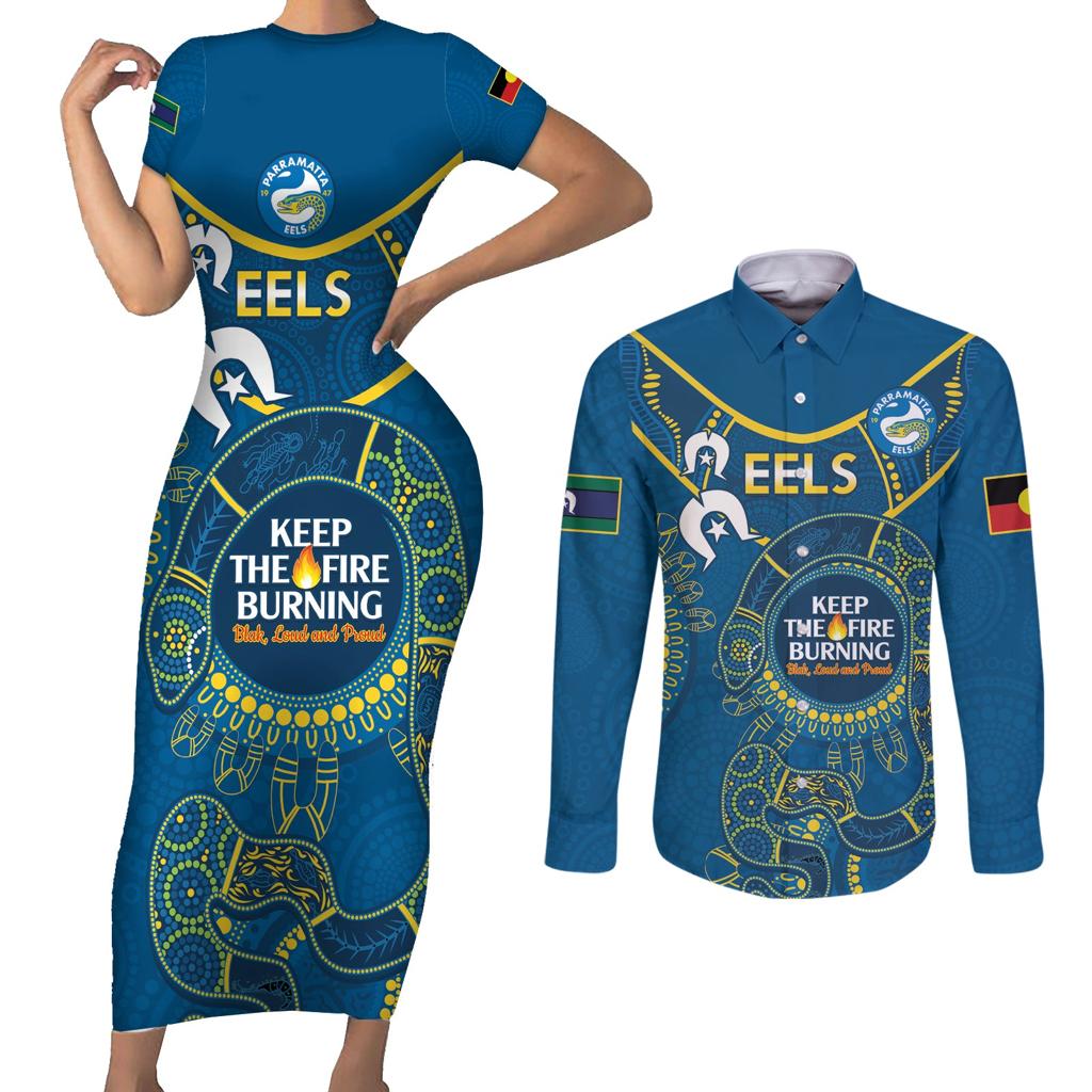 Custom NRL Eels NAIDOC Week Couples Matching Short Sleeve Bodycon Dress and Long Sleeve Button Shirt Keep The Fire Burning Indigenous Art