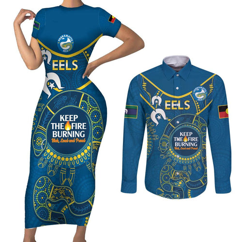 Custom NRL Eels NAIDOC Week Couples Matching Short Sleeve Bodycon Dress and Long Sleeve Button Shirt Keep The Fire Burning Indigenous Art