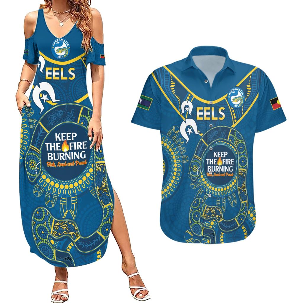 Custom NRL Eels NAIDOC Week Couples Matching Summer Maxi Dress and Hawaiian Shirt Keep The Fire Burning Indigenous Art