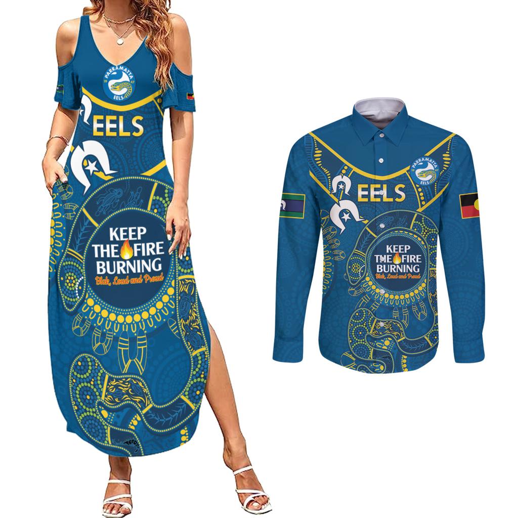 Custom NRL Eels NAIDOC Week Couples Matching Summer Maxi Dress and Long Sleeve Button Shirt Keep The Fire Burning Indigenous Art