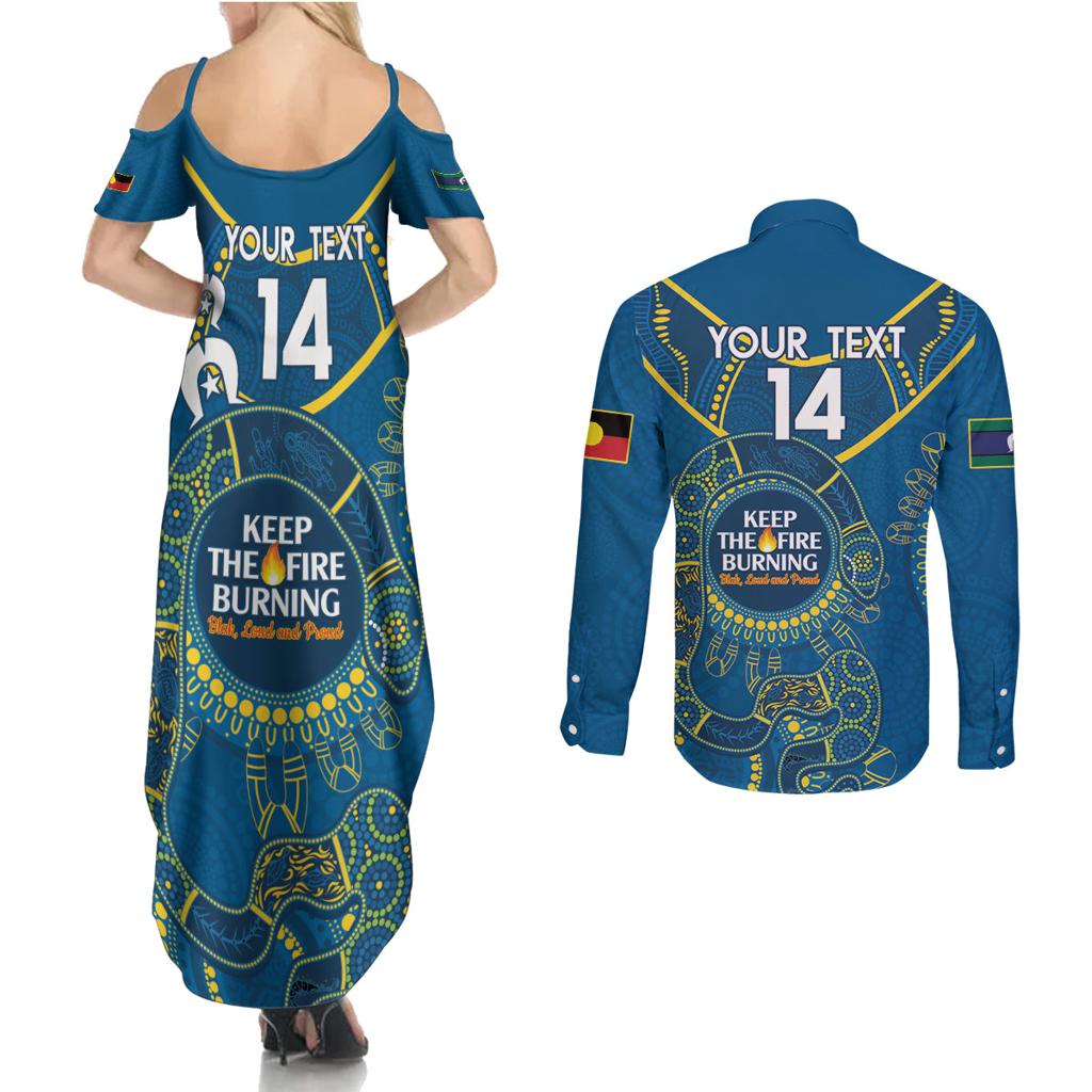 Custom NRL Eels NAIDOC Week Couples Matching Summer Maxi Dress and Long Sleeve Button Shirt Keep The Fire Burning Indigenous Art