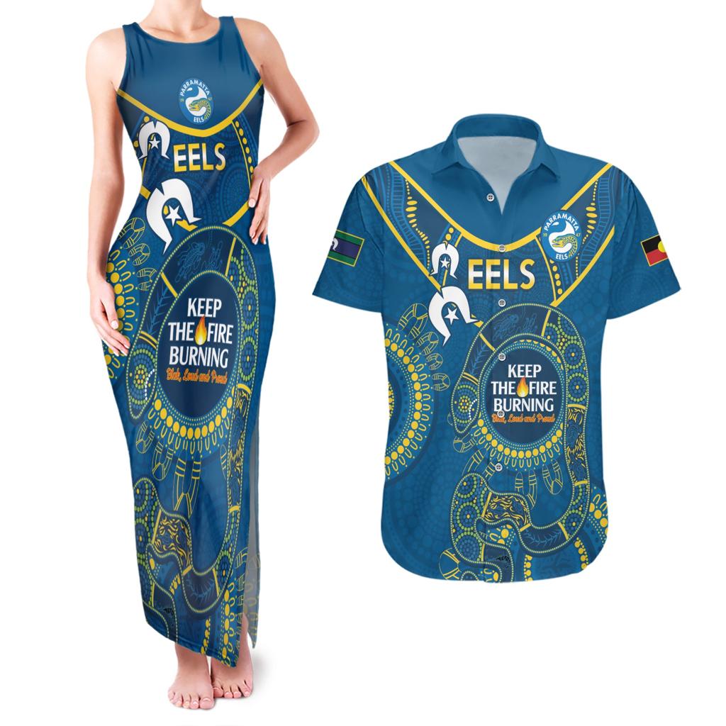 Custom NRL Eels NAIDOC Week Couples Matching Tank Maxi Dress and Hawaiian Shirt Keep The Fire Burning Indigenous Art