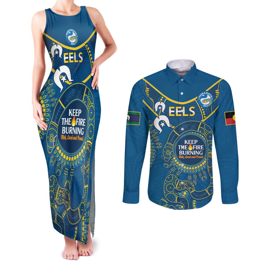 Custom NRL Eels NAIDOC Week Couples Matching Tank Maxi Dress and Long Sleeve Button Shirt Keep The Fire Burning Indigenous Art