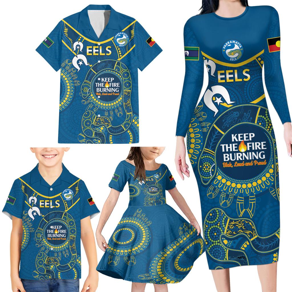 Custom NRL Eels NAIDOC Week Family Matching Long Sleeve Bodycon Dress and Hawaiian Shirt Keep The Fire Burning Indigenous Art