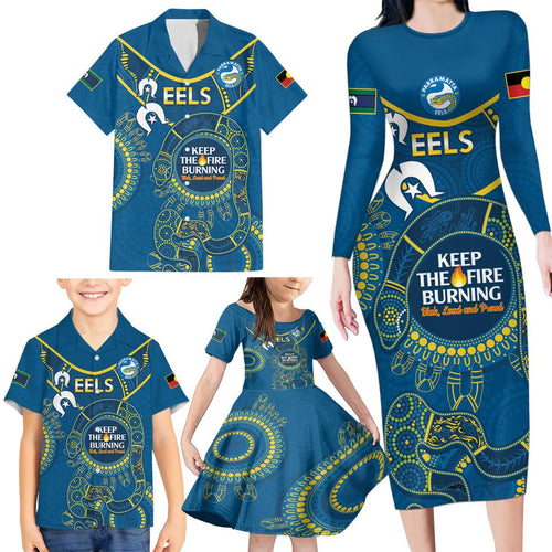 Custom NRL Eels NAIDOC Week Family Matching Long Sleeve Bodycon Dress and Hawaiian Shirt Keep The Fire Burning Indigenous Art