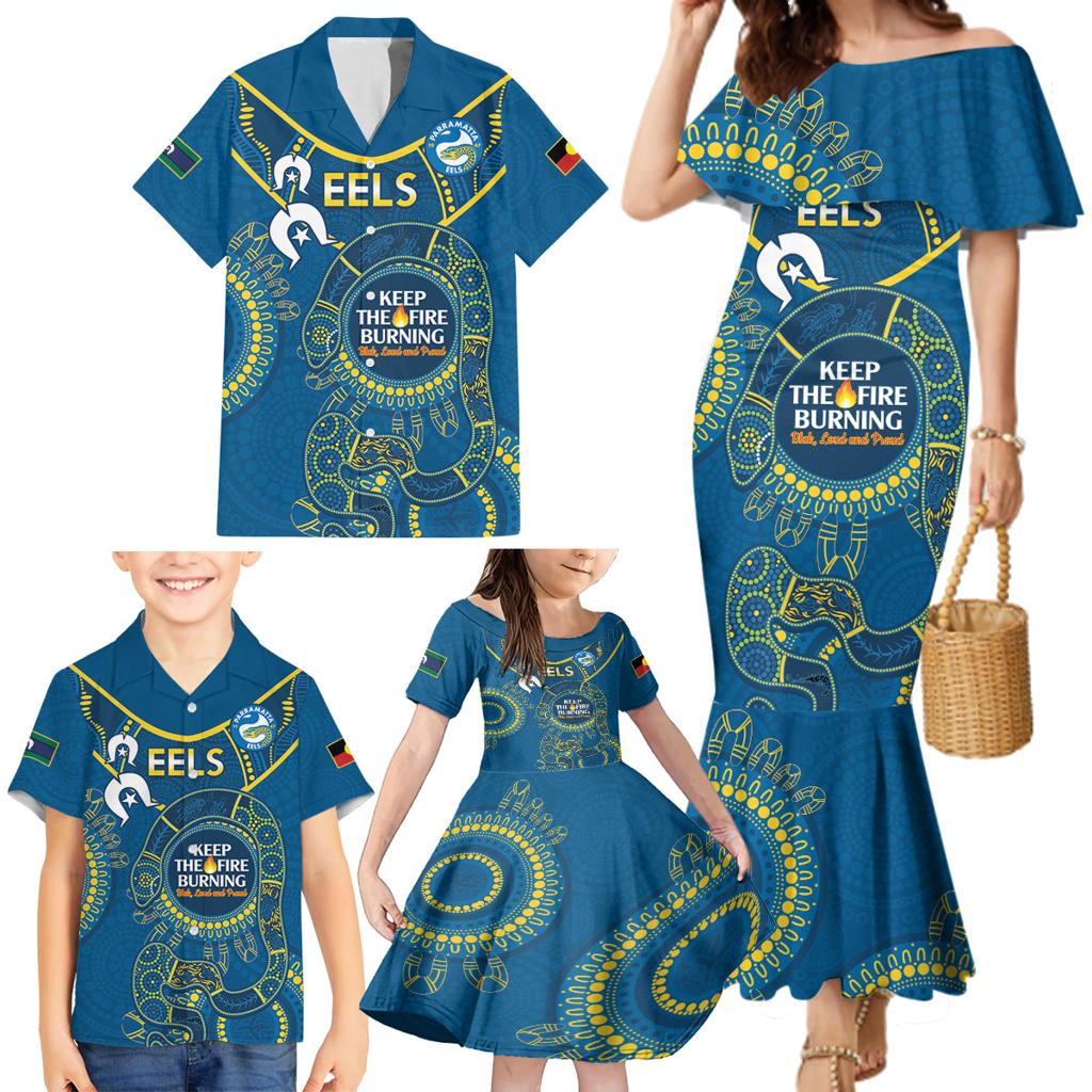 Custom NRL Eels NAIDOC Week Family Matching Mermaid Dress and Hawaiian Shirt Keep The Fire Burning Indigenous Art