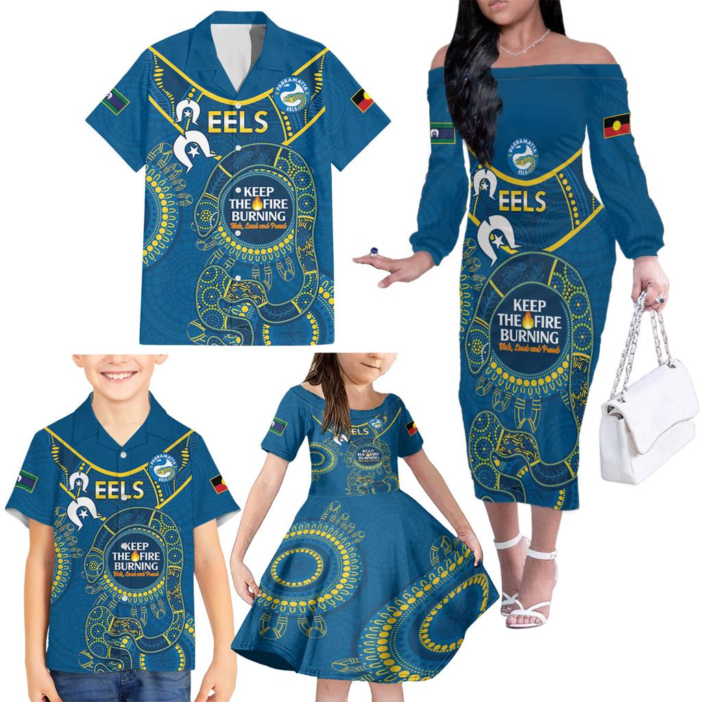 Custom NRL Eels NAIDOC Week Family Matching Off The Shoulder Long Sleeve Dress and Hawaiian Shirt Keep The Fire Burning Indigenous Art