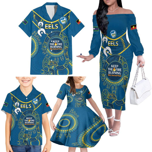 Custom NRL Eels NAIDOC Week Family Matching Off The Shoulder Long Sleeve Dress and Hawaiian Shirt Keep The Fire Burning Indigenous Art