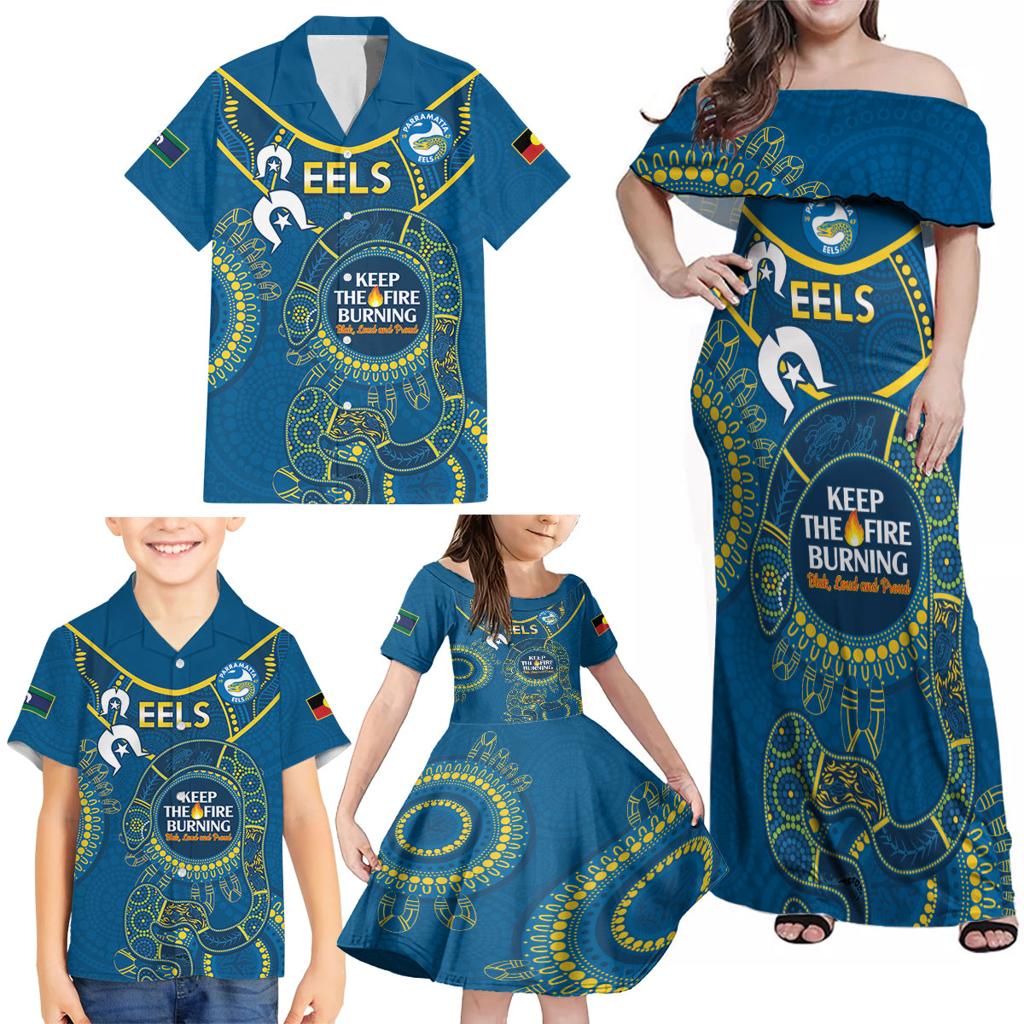 Custom NRL Eels NAIDOC Week Family Matching Off Shoulder Maxi Dress and Hawaiian Shirt Keep The Fire Burning Indigenous Art