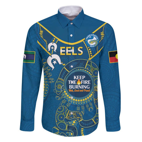 Custom NRL Eels NAIDOC Week Family Matching Off Shoulder Maxi Dress and Hawaiian Shirt Keep The Fire Burning Indigenous Art