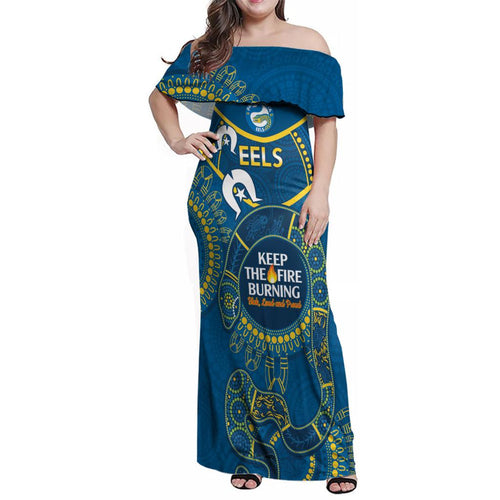 Custom NRL Eels NAIDOC Week Family Matching Off Shoulder Maxi Dress and Hawaiian Shirt Keep The Fire Burning Indigenous Art