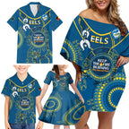 Custom NRL Eels NAIDOC Week Family Matching Off Shoulder Short Dress and Hawaiian Shirt Keep The Fire Burning Indigenous Art