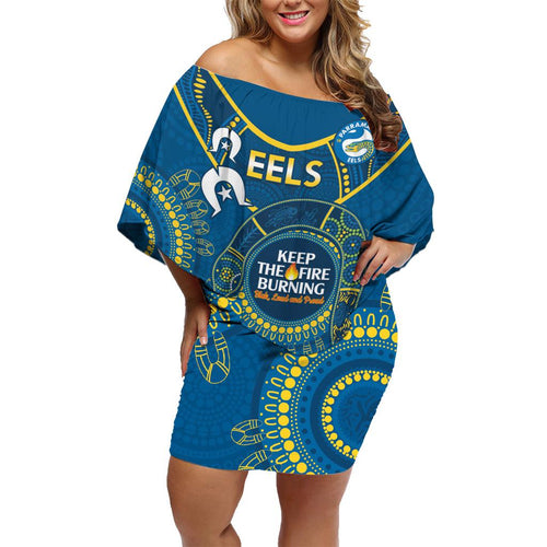 Custom NRL Eels NAIDOC Week Family Matching Off Shoulder Short Dress and Hawaiian Shirt Keep The Fire Burning Indigenous Art