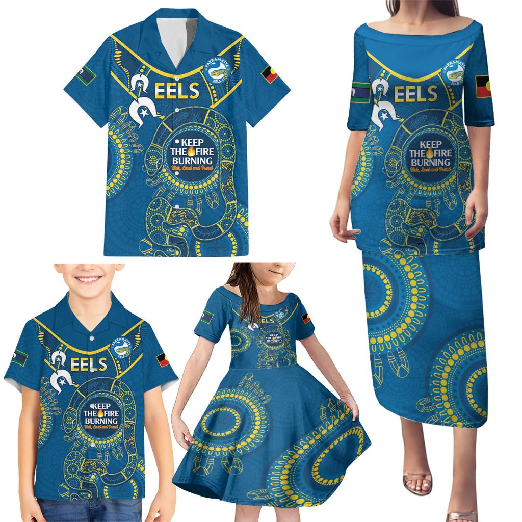 Custom NRL Eels NAIDOC Week Family Matching Puletasi and Hawaiian Shirt Keep The Fire Burning Indigenous Art