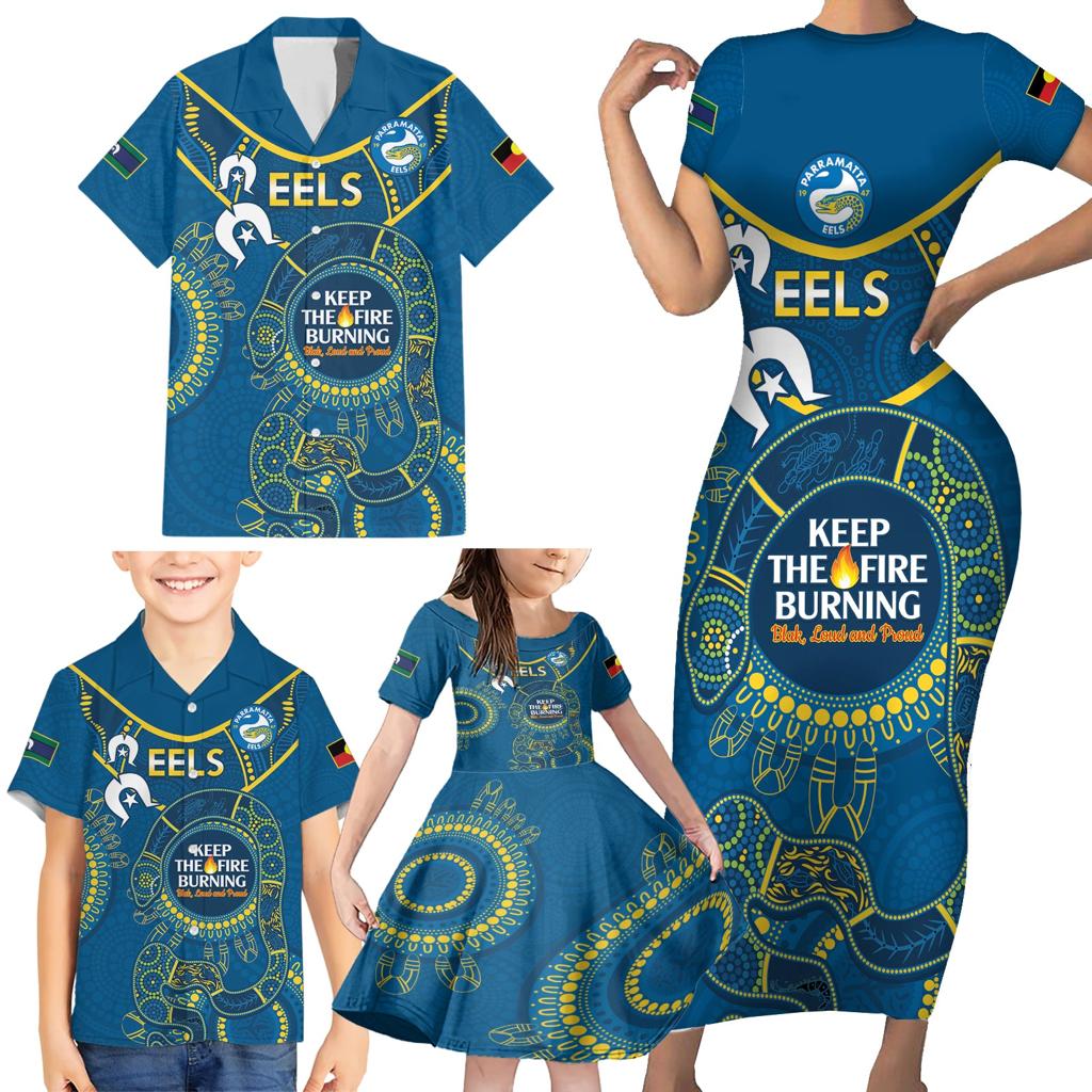 Custom NRL Eels NAIDOC Week Family Matching Short Sleeve Bodycon Dress and Hawaiian Shirt Keep The Fire Burning Indigenous Art