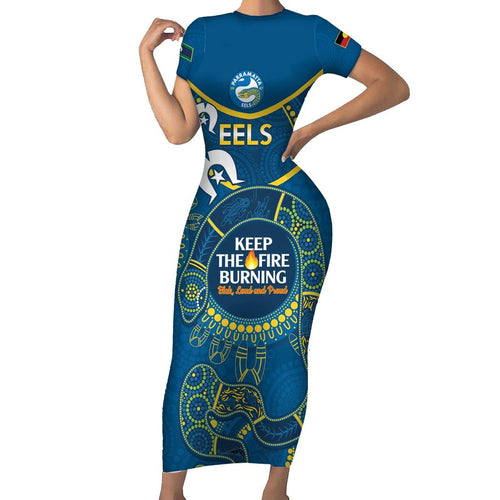 Custom NRL Eels NAIDOC Week Family Matching Short Sleeve Bodycon Dress and Hawaiian Shirt Keep The Fire Burning Indigenous Art