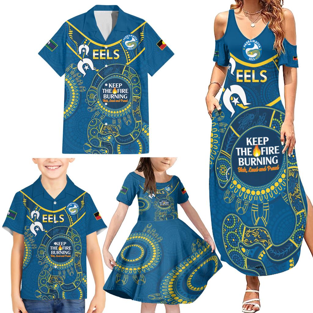 Custom NRL Eels NAIDOC Week Family Matching Summer Maxi Dress and Hawaiian Shirt Keep The Fire Burning Indigenous Art
