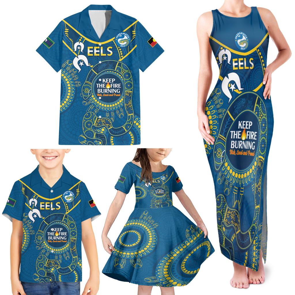 Custom NRL Eels NAIDOC Week Family Matching Tank Maxi Dress and Hawaiian Shirt Keep The Fire Burning Indigenous Art