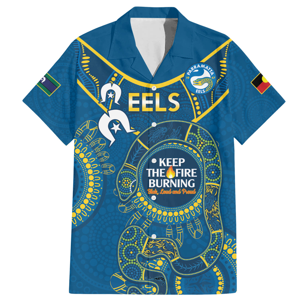 Custom NRL Eels NAIDOC Week Hawaiian Shirt Keep The Fire Burning Indigenous Art