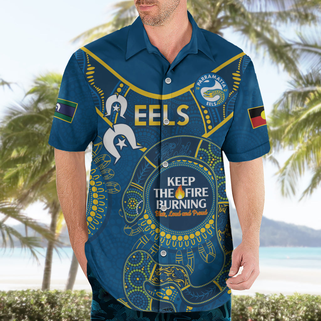 Custom NRL Eels NAIDOC Week Hawaiian Shirt Keep The Fire Burning Indigenous Art