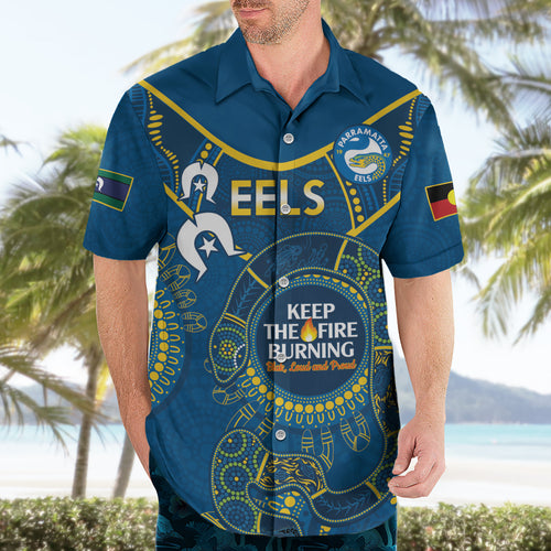 Custom NRL Eels NAIDOC Week Hawaiian Shirt Keep The Fire Burning Indigenous Art