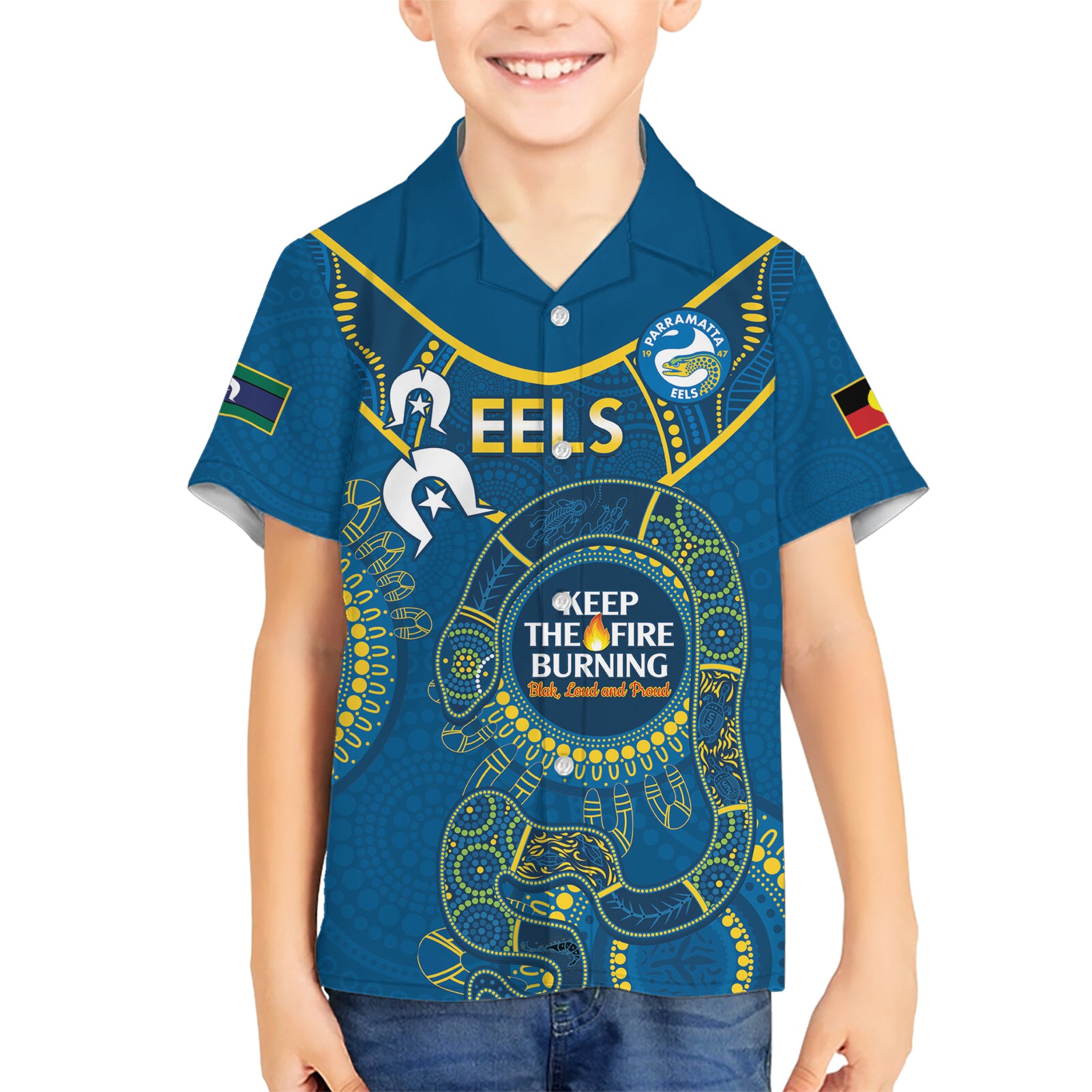 Custom NRL Eels NAIDOC Week Kid Hawaiian Shirt Keep The Fire Burning Indigenous Art