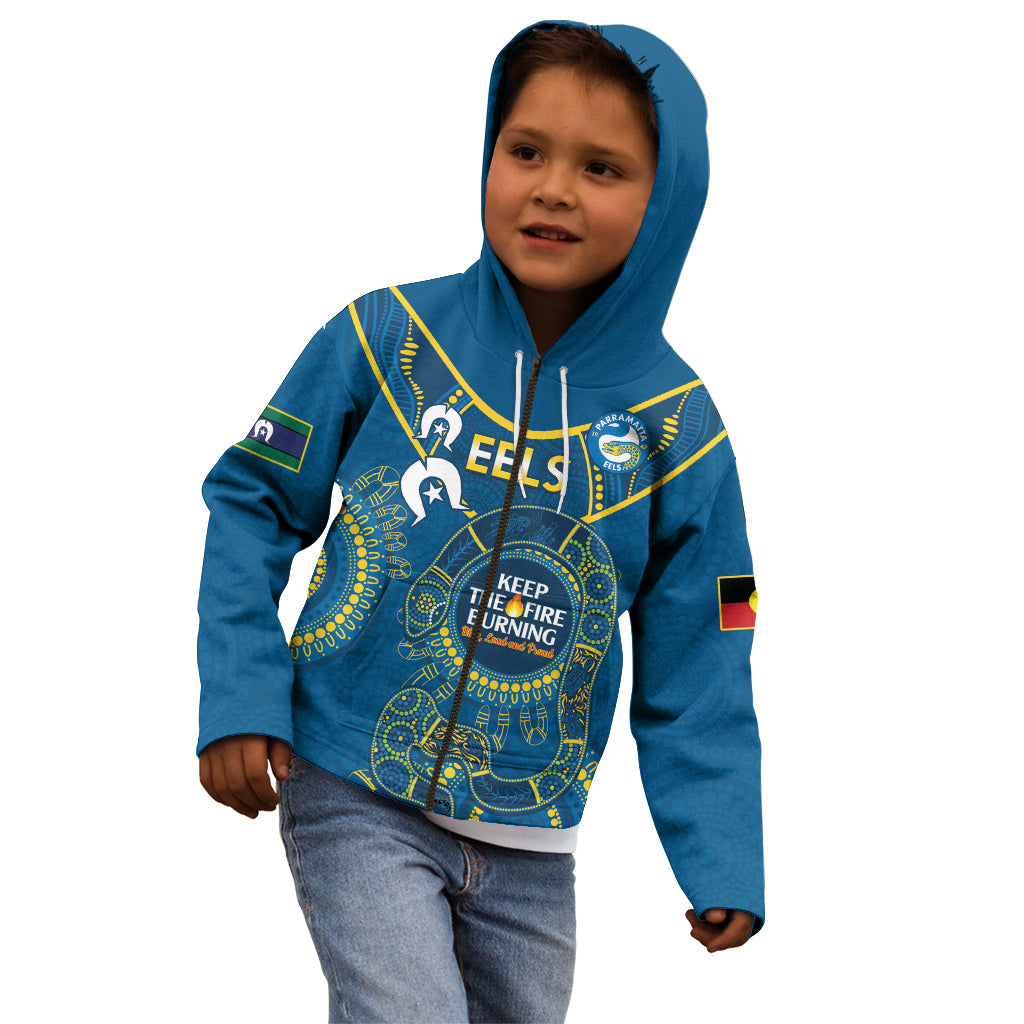 Custom NRL Eels NAIDOC Week Kid Hoodie Keep The Fire Burning Indigenous Art